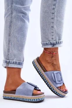 Outlet Boto Damskie Klapki Na Zdobionej Platformie Niebieskie Joyce