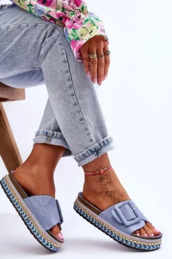 Outlet Boto Damskie Klapki Na Zdobionej Platformie Niebieskie Joyce