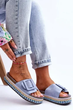 Outlet Boto Damskie Klapki Na Zdobionej Platformie Niebieskie Joyce