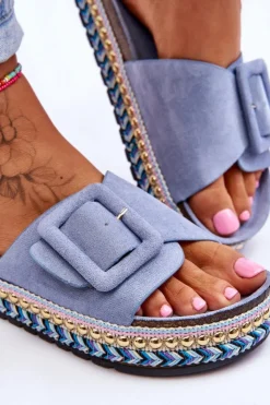 Outlet Boto Damskie Klapki Na Zdobionej Platformie Niebieskie Joyce