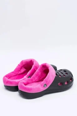 Online Boto Damskie Klapki Ocieplane Czarno Różowe Kroksy EVA