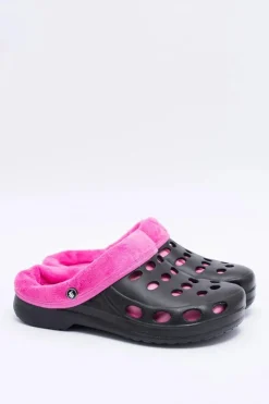 Online Boto Damskie Klapki Ocieplane Czarno Różowe Kroksy EVA