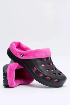 Online Boto Damskie Klapki Ocieplane Czarno Różowe Kroksy EVA