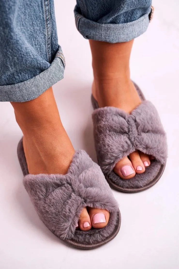 Damskie Evento Damskie Klapki Papcie Futrzane Szare Bow