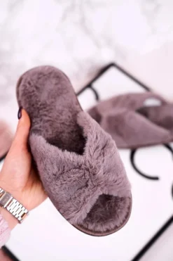 Damskie Evento Damskie Klapki Papcie Futrzane Szare Bow