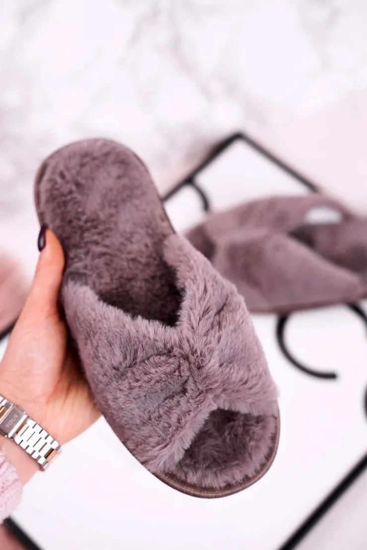 Damskie Evento Damskie Klapki Papcie Futrzane Szare Bow