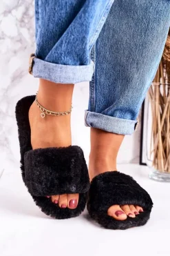 Hot Boto Damskie Klapki Papcie Futrzane Czarne Cold Days