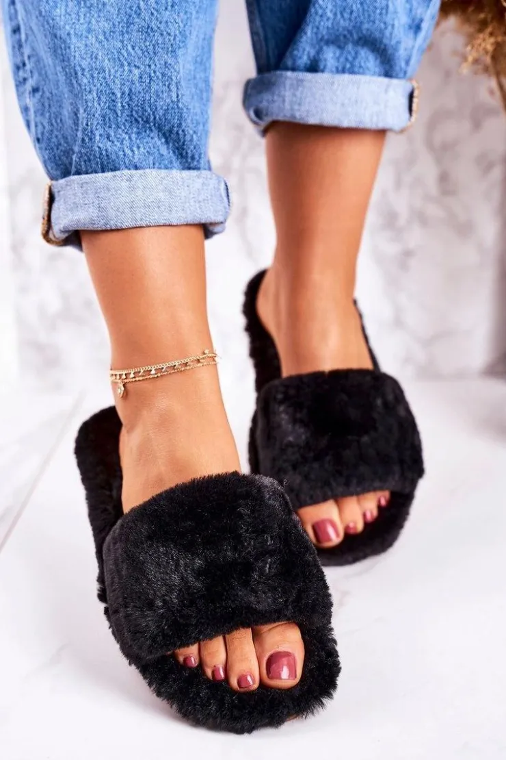 Hot Boto Damskie Klapki Papcie Futrzane Czarne Cold Days