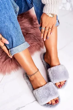 Damskie Boto Damskie Klapki Papcie Futrzane Szare Cold Days