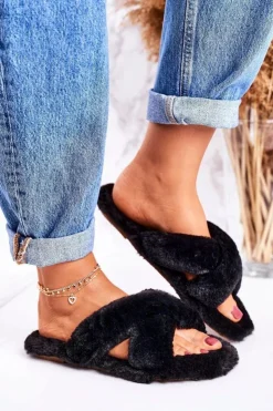 Damskie Boto Damskie Klapki Papcie Futrzane Czarne Cozy Time