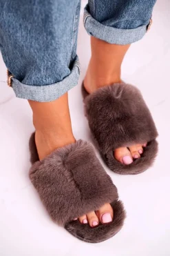 Discount Evento Damskie Klapki Papcie Futrzane Szare Sweet
