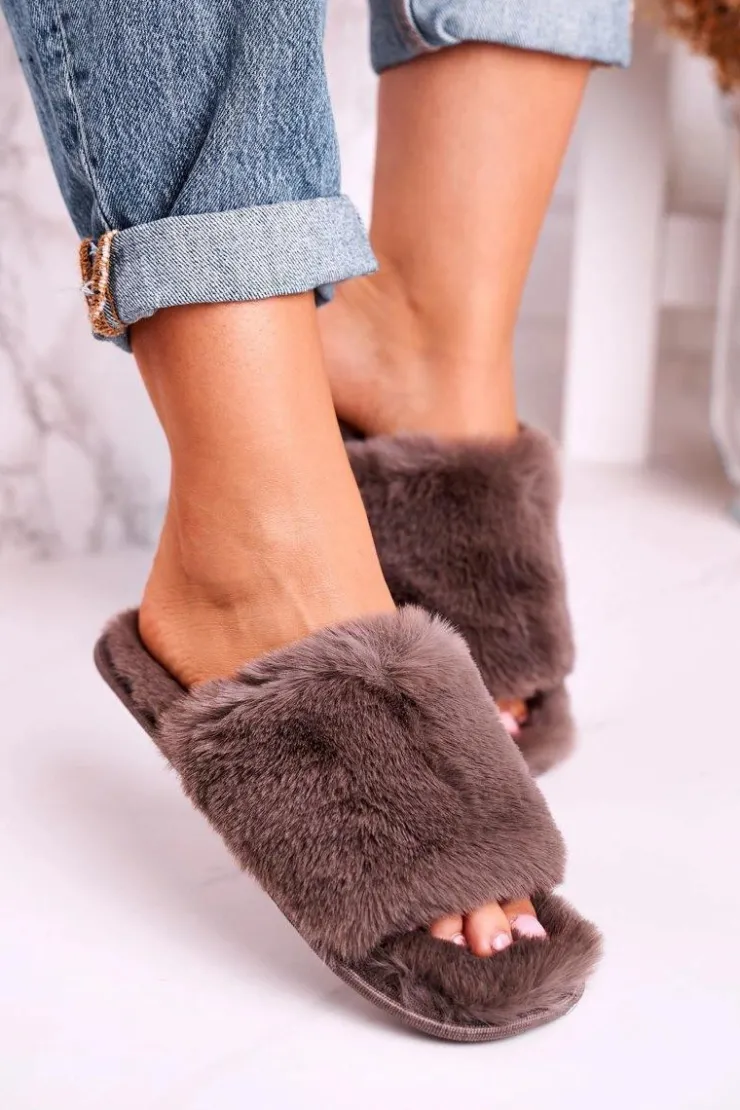 Discount Evento Damskie Klapki Papcie Futrzane Szare Sweet