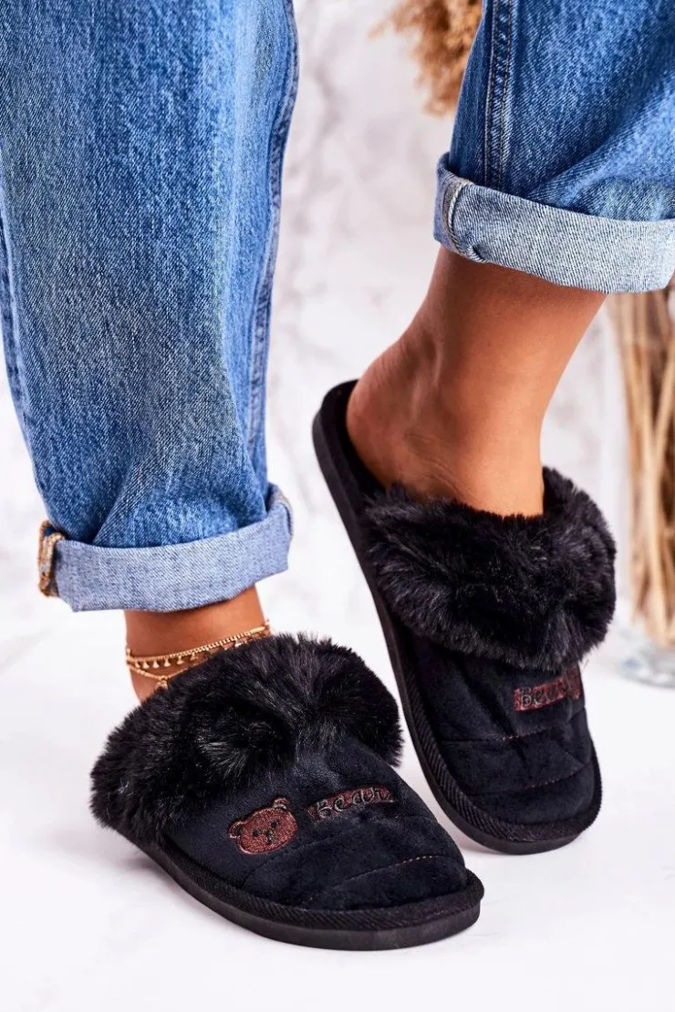 Boto Damskie Klapki Papcie Z Futerkiem Czarne Teddy