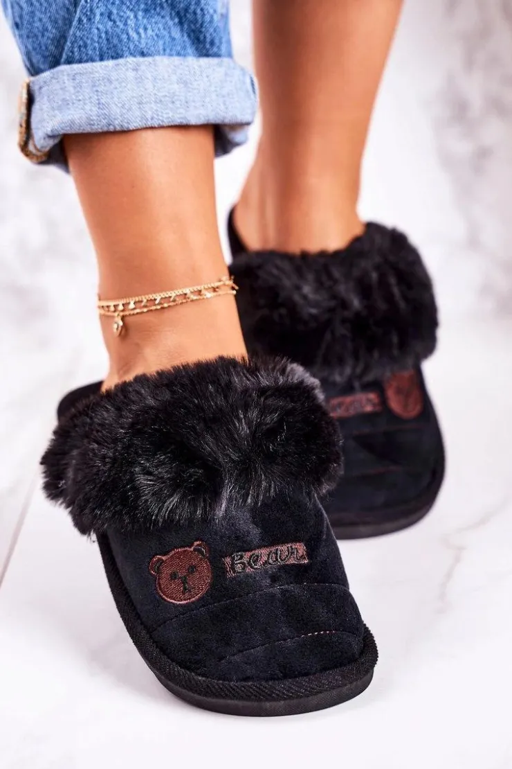 Boto Damskie Klapki Papcie Z Futerkiem Czarne Teddy