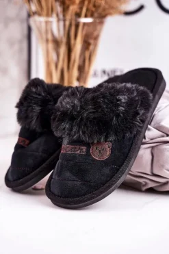 Boto Damskie Klapki Papcie Z Futerkiem Czarne Teddy