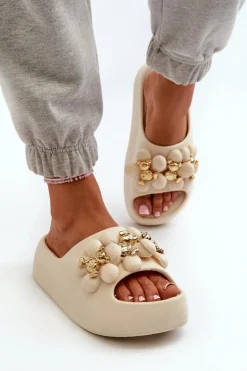 Damskie Boto Damskie Klapki Piankowe Z Ozdobami Na Grubej Podeszwie Jasnobeżowe Bremavia