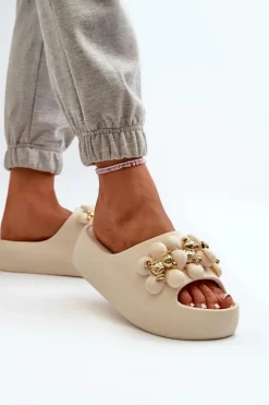 Damskie Boto Damskie Klapki Piankowe Z Ozdobami Na Grubej Podeszwie Jasnobeżowe Bremavia