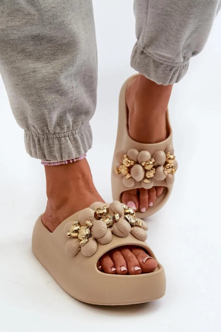 Online Boto Damskie Klapki Piankowe Z Ozdobami Na Grubej Podeszwie Ciemnobeżowe Bremavia