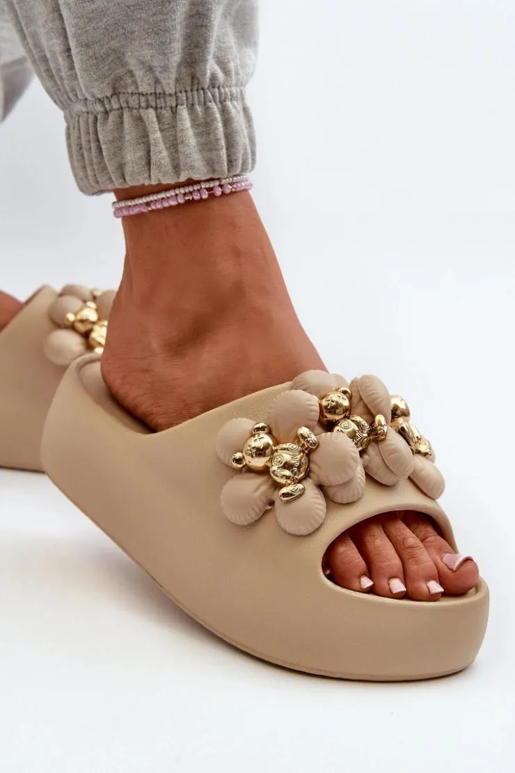 Online Boto Damskie Klapki Piankowe Z Ozdobami Na Grubej Podeszwie Ciemnobeżowe Bremavia