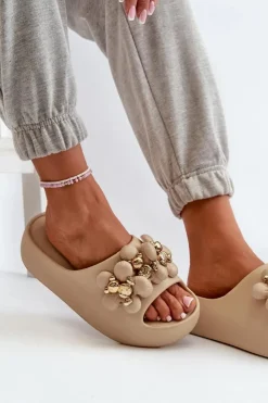 Online Boto Damskie Klapki Piankowe Z Ozdobami Na Grubej Podeszwie Ciemnobeżowe Bremavia