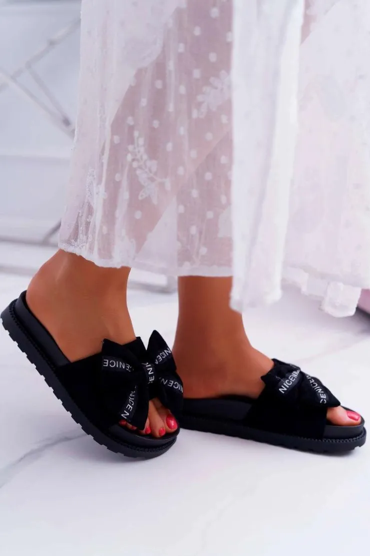 Hot Boto Damskie Klapki Profilowana Wkładka Z Kokardką Czarne Juicy