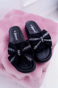 Hot Boto Damskie Klapki Profilowana Wkładka Z Kokardką Czarne Juicy