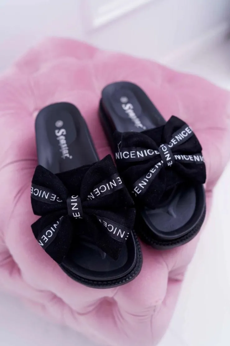 Hot Boto Damskie Klapki Profilowana Wkładka Z Kokardką Czarne Juicy