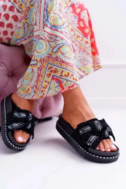 Damskie Boto Damskie Klapki Profilowana Wkładka Z Kokardką Czarne Vrenya