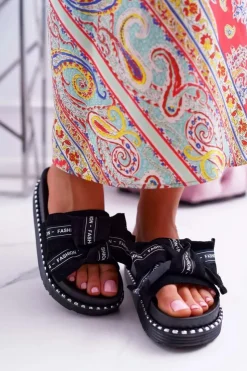 Damskie Boto Damskie Klapki Profilowana Wkładka Z Kokardką Czarne Vrenya