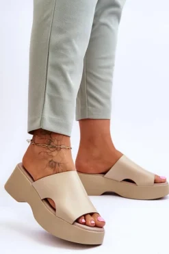 Damskie Boto Damskie Klapki Skórzane Na Platformie Beżowe Lemar Lucami