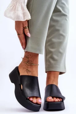 Clearance Boto Damskie Klapki Skórzane Na Platformie Czarne Lemar Lucami