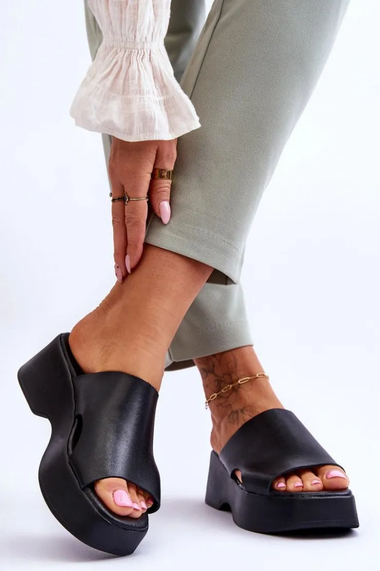 Clearance Boto Damskie Klapki Skórzane Na Platformie Czarne Lemar Lucami