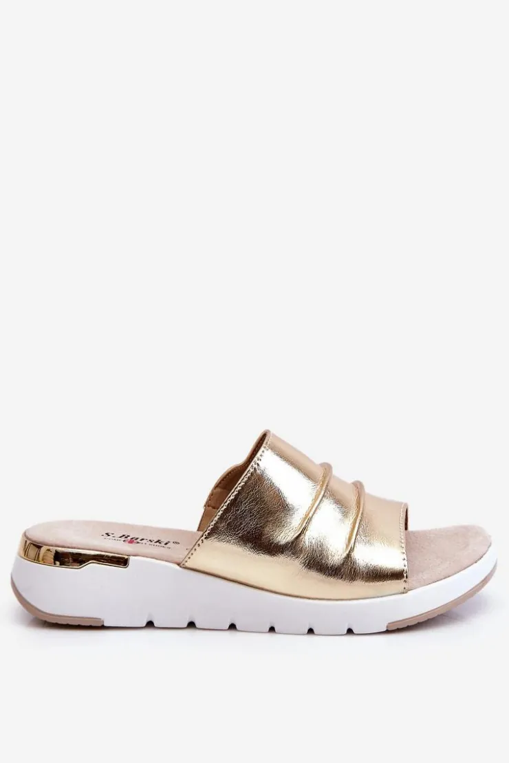 Damskie Damskie buty S.Barski Damskie Klapki Skórzane Na Niewysokim Koturnie Złote Leona