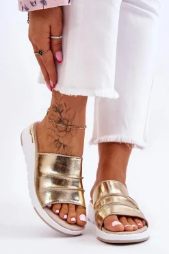 Damskie Damskie buty S.Barski Damskie Klapki Skórzane Na Niewysokim Koturnie Złote Leona