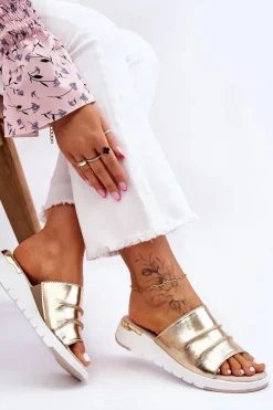 Damskie Damskie buty S.Barski Damskie Klapki Skórzane Na Niewysokim Koturnie Złote Leona