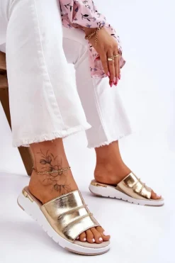 Damskie Damskie buty S.Barski Damskie Klapki Skórzane Na Niewysokim Koturnie Złote Leona