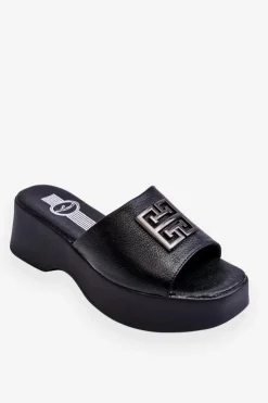 Boto Klapki Na Platformie*Damskie Klapki Skórzane Na Platformie Z Ozdobą Czarne Renna