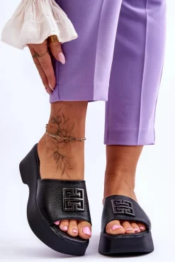 Boto Klapki Na Platformie*Damskie Klapki Skórzane Na Platformie Z Ozdobą Czarne Renna