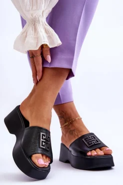 Boto Klapki Na Platformie*Damskie Klapki Skórzane Na Platformie Z Ozdobą Czarne Renna