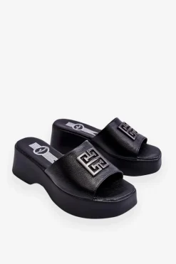 Boto Klapki Na Platformie*Damskie Klapki Skórzane Na Platformie Z Ozdobą Czarne Renna