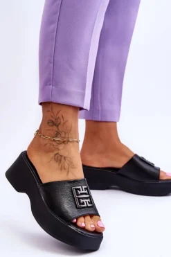 Boto Klapki Na Platformie*Damskie Klapki Skórzane Na Platformie Z Ozdobą Czarne Renna