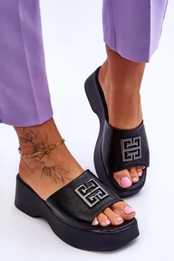 Boto Klapki Na Platformie*Damskie Klapki Skórzane Na Platformie Z Ozdobą Czarne Renna