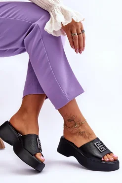 Boto Klapki Na Platformie*Damskie Klapki Skórzane Na Platformie Z Ozdobą Czarne Renna