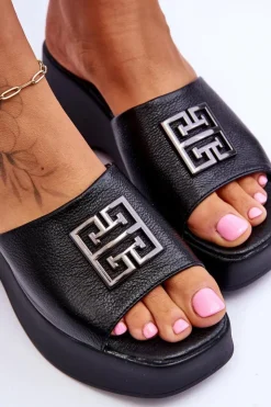 Boto Klapki Na Platformie*Damskie Klapki Skórzane Na Platformie Z Ozdobą Czarne Renna