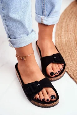 Outlet Boto Damskie Klapki Sprzączka Regulacja Czarne Rosaline