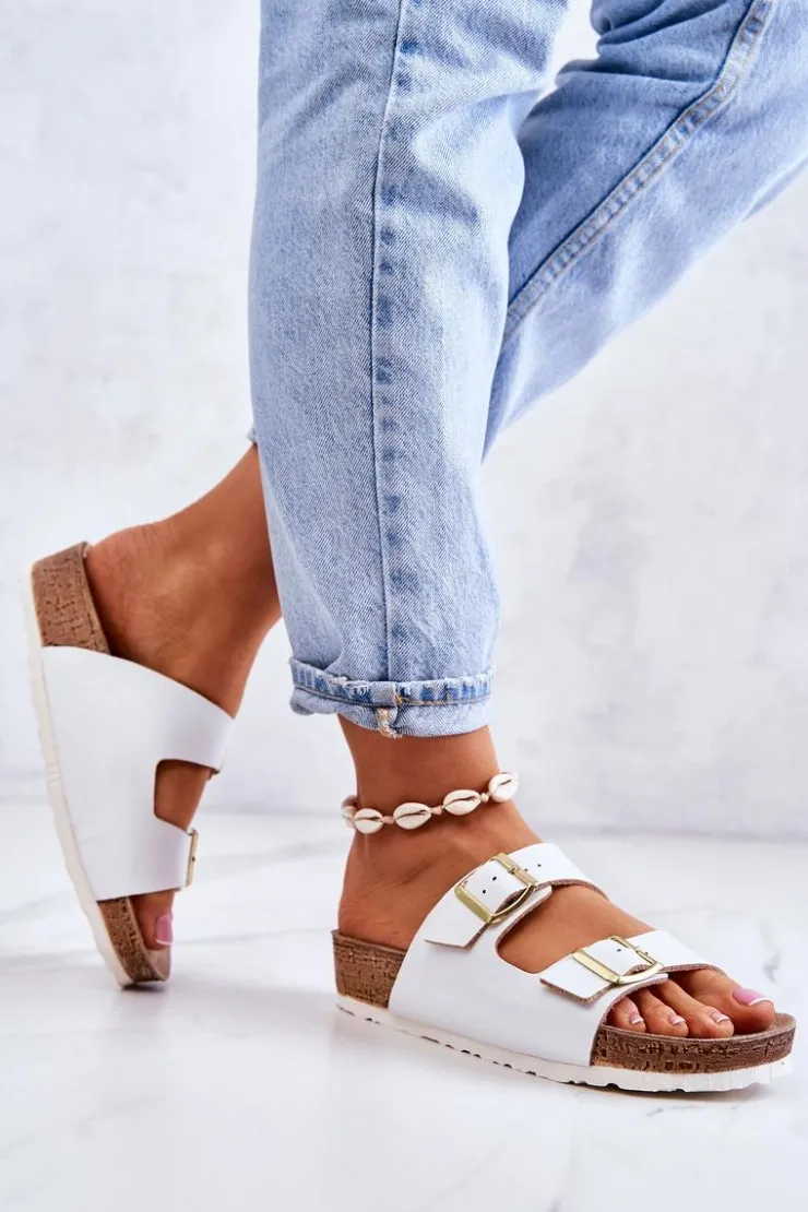 INBLU Klapki Damskie Klasyczne*Damskie Klapki Sprzączki NM000028 Białe