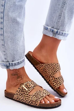 Online Boto Damskie Klapki Wsuwane Leopard Beżowo-Czarne Destino