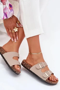 Clearance Boto Damskie Klapki Wsuwane Na Korkowej Podeszwie Beżowe Cortina