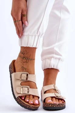 Best Boto Damskie Klapki Wsuwane Na Korkowej Podeszwie Beżowe Cortina