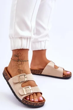 Best Boto Damskie Klapki Wsuwane Na Korkowej Podeszwie Beżowe Cortina